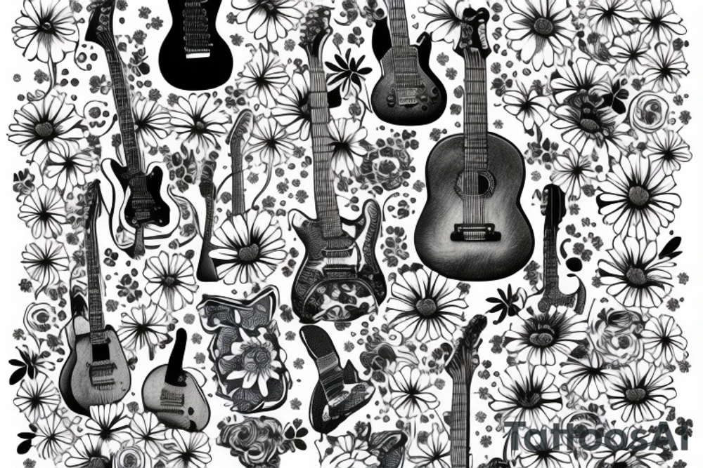 Blue guitar beside daisies and loons tattoo idea