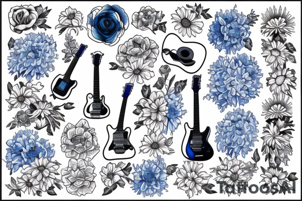 Blue guitar beside daisies and loons tattoo idea
