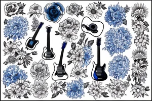 Blue guitar beside daisies and loons tattoo idea