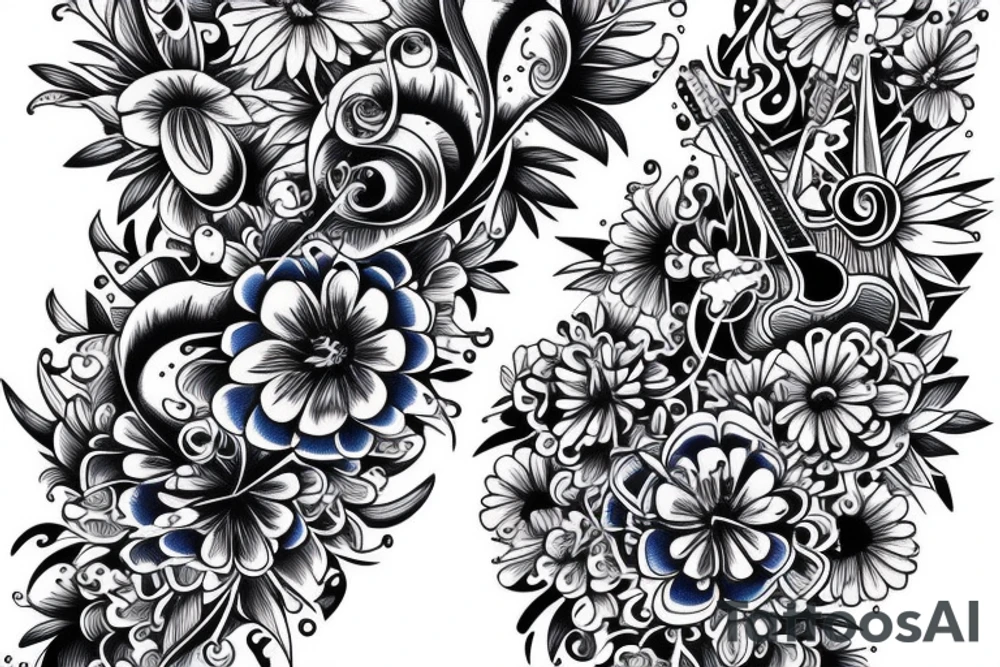 Blue guitar beside daisies and loons tattoo idea