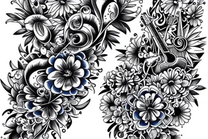 Blue guitar beside daisies and loons tattoo idea