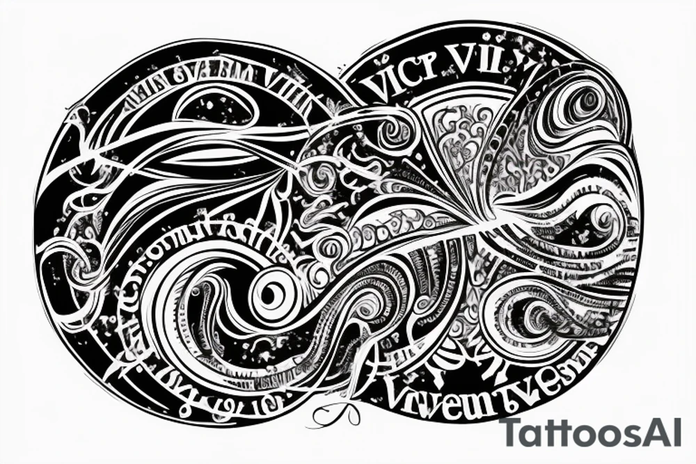 the words "vi veri veniversum vivus vici" spiraling out of the center of a galaxy. tattoo idea