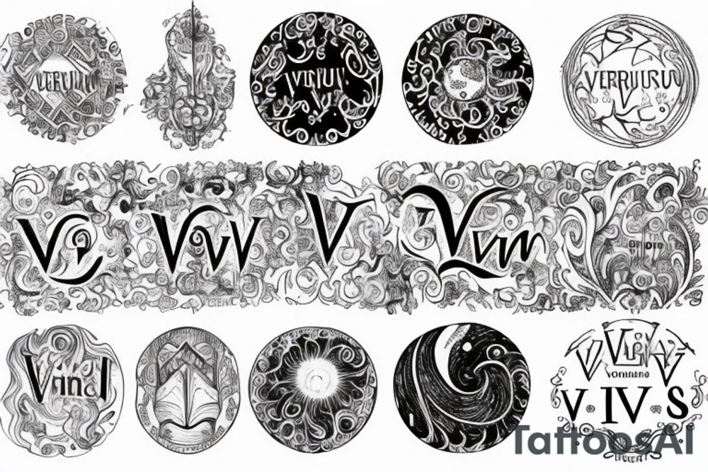 the words "vi veri veniversum vivus vici" spiraling out of the center of a galaxy. tattoo idea