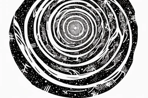 the words "vi veri veniversum vivus vici" spiraling out of the center of a galaxy. Focus on the words. tattoo idea