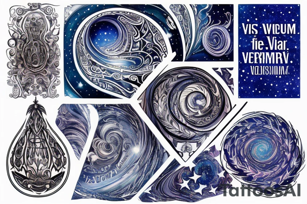 the words "vi veri veniversum vivus vici" spiraling out of the center of a galaxy. Focus on the words. Use only shades of blue. tattoo idea