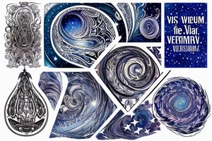the words "vi veri veniversum vivus vici" spiraling out of the center of a galaxy. Focus on the words. Use only shades of blue. tattoo idea