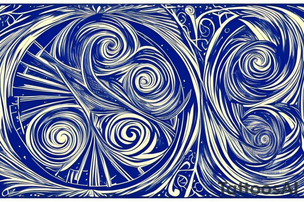 the words "vi veri veniversum vivus vici" spiraling out of the center of a galaxy. Focus on the words. Use only shades of blue. tattoo idea