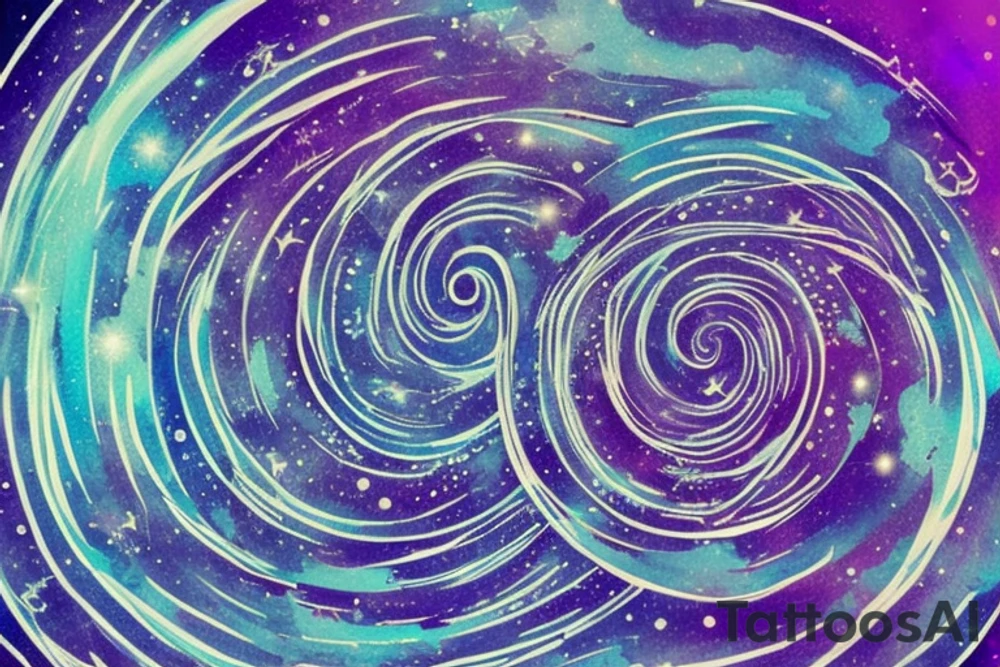 the words "vi veri veniversum vivus vici" spiraling out of the center of a galaxy. Focus on the words. Use only shades of blue. tattoo idea