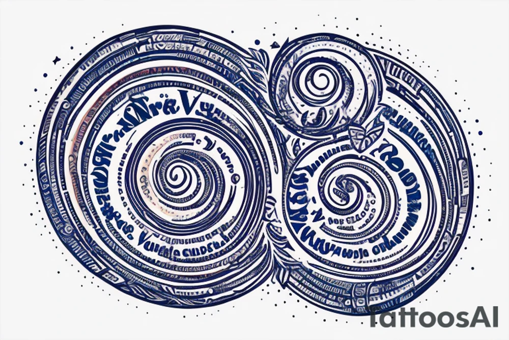 the words "vi veri veniversum vivus vici" spiraling out of the center of a galaxy. Focus on the words. Use only shades of blue. tattoo idea