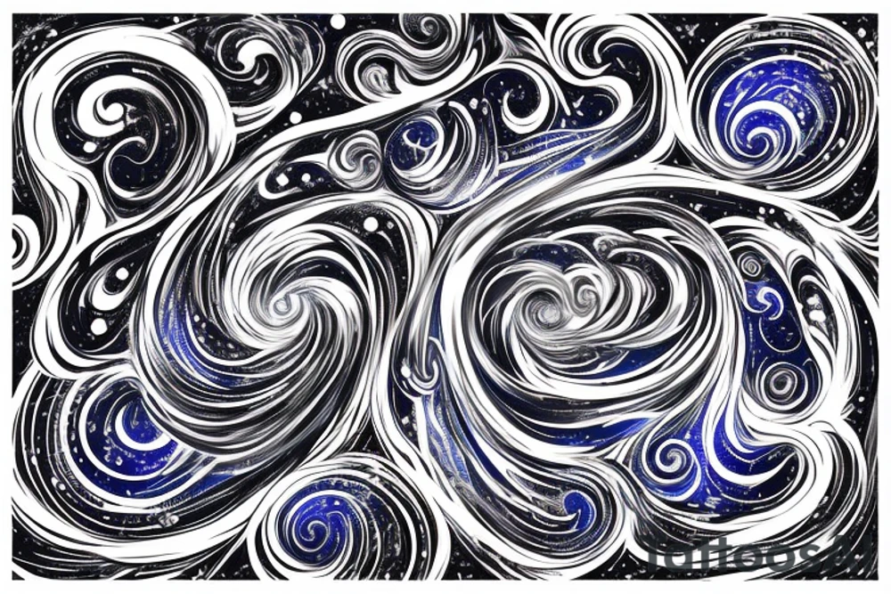 the words "vi veri veniversum vivus vici" spiraling out of the center of a galaxy. Focus on the words. Use only shades of blue. tattoo idea