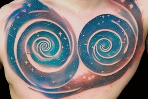 the words "vi veri veniversum vivus vici" spiraling out of the center of a galaxy. Focus on the words. Use only shades of blue. tattoo idea