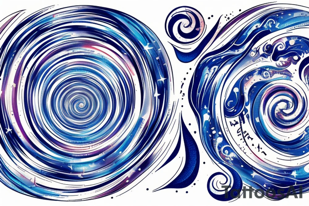 the words "vi veri veniversum vivus vici" spiraling out of the center of a galaxy. Focus on the words. Use only shades of blue. tattoo idea