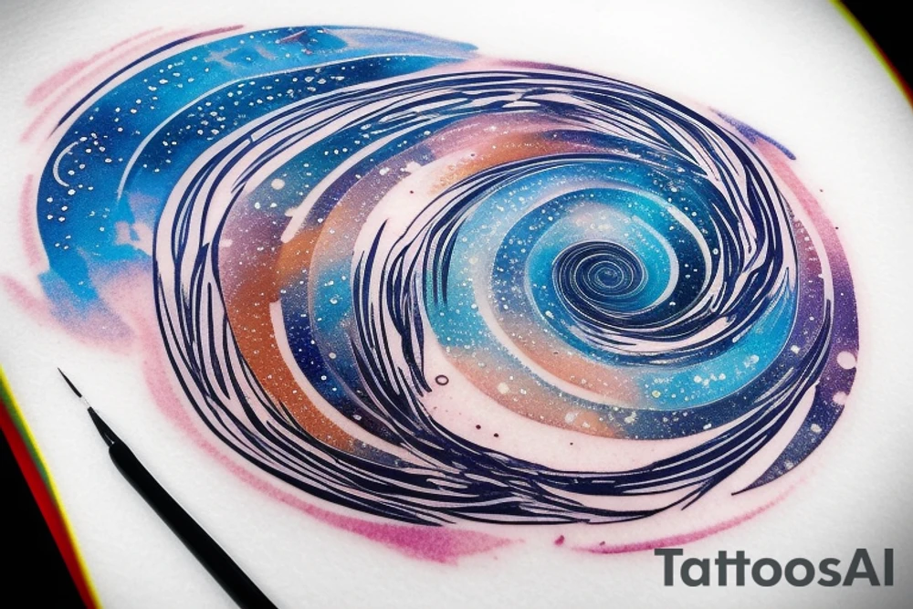 the words "vi veri veniversum vivus vici" spiraling out of the center of a galaxy. Focus on the words. Use only shades of blue. tattoo idea