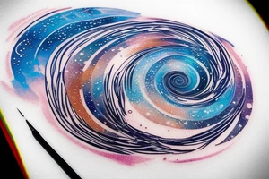 the words "vi veri veniversum vivus vici" spiraling out of the center of a galaxy. Focus on the words. Use only shades of blue. tattoo idea