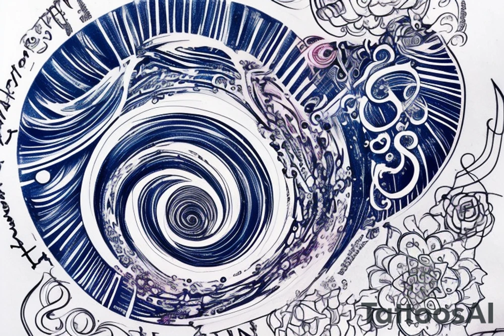 the phrase "vi veri veniversum vivus vici" spiraling out of the center of a galaxy. Focus on the words. Use only shades of blue. tattoo idea