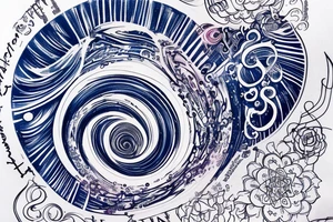 the phrase "vi veri veniversum vivus vici" spiraling out of the center of a galaxy. Focus on the words. Use only shades of blue. tattoo idea
