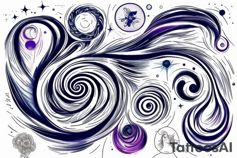 the phrase "vi veri veniversum vivus vici" spiraling out of the center of a galaxy. Focus on the words. Use only shades of blue. tattoo idea