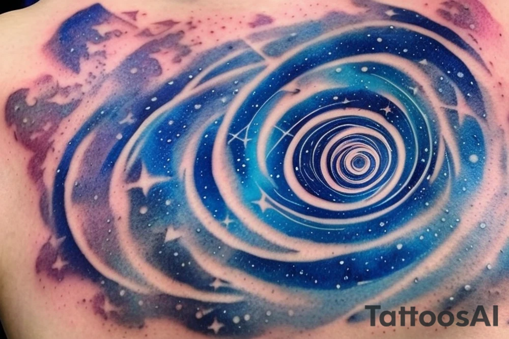 the phrase "vi veri veniversum vivus vici" spiraling out of the center of a galaxy. Make the words prominent. Use only shades of blue. tattoo idea