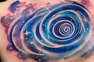 the phrase "vi veri veniversum vivus vici" spiraling out of the center of a galaxy. Make the words prominent. Use only shades of blue. tattoo idea