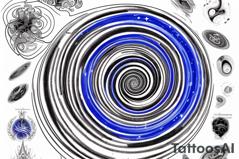 the phrase "vi veri veniversum vivus vici" spiraling out of the center of a galaxy. Make the words prominent. Use only shades of blue. tattoo idea
