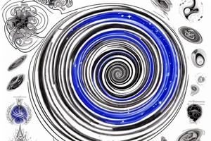 the phrase "vi veri veniversum vivus vici" spiraling out of the center of a galaxy. Make the words prominent. Use only shades of blue. tattoo idea