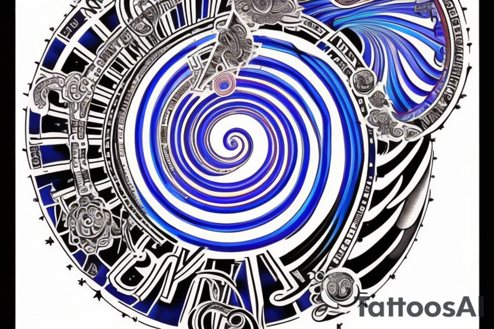 Start with the phrase vi veri veniversum vivus vici. Then make that spiral out of the center of the universe. Make the words prominent. Use only shades of blue. tattoo idea