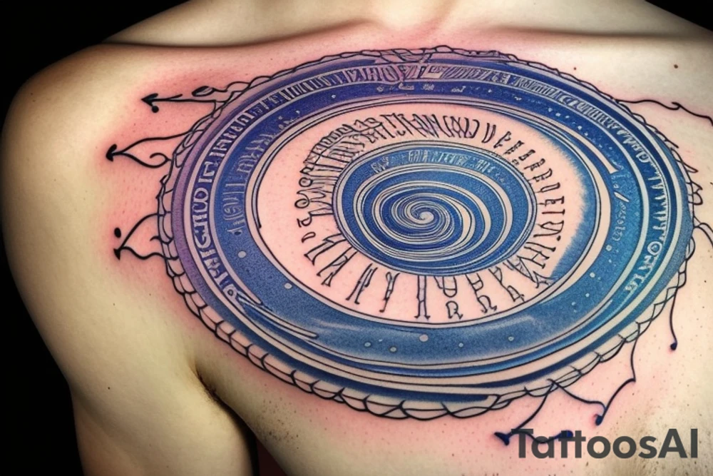 Start with the phrase vi veri veniversum vivus vici. Then make that spiral out of the center of the universe. Make the words prominent. Use only shades of blue. tattoo idea