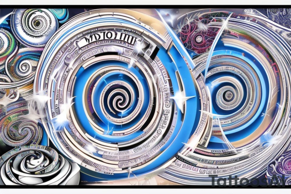 Start with the phrase vi veri veniversum vivus vici. Then make that spiral out of the center of the universe. Make the words prominent. Use only shades of blue. tattoo idea
