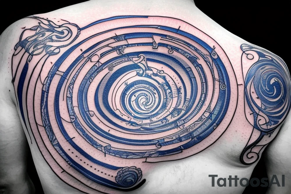 Start with the phrase vi veri veniversum vivus vici. Then make that spiral out of the center of the universe. Make the words prominent. Use only shades of blue. tattoo idea