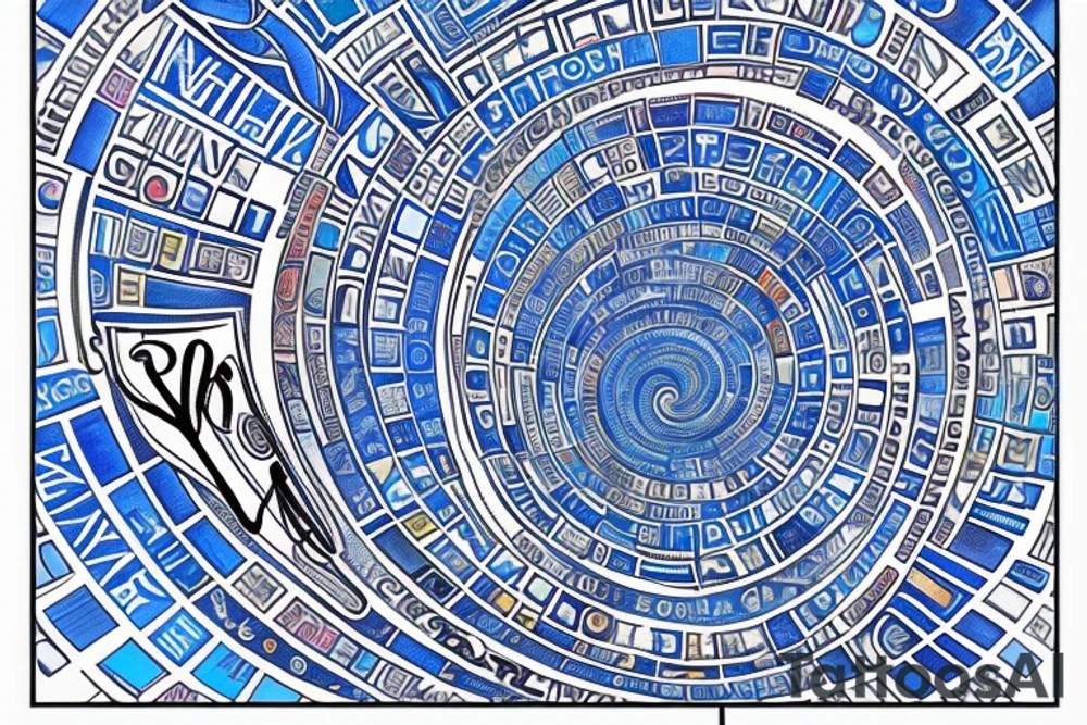 Start with the phrase vi veri veniversum vivus vici. Then make that spiral out of the center of the universe. Make the words prominent. Use only shades of blue. tattoo idea
