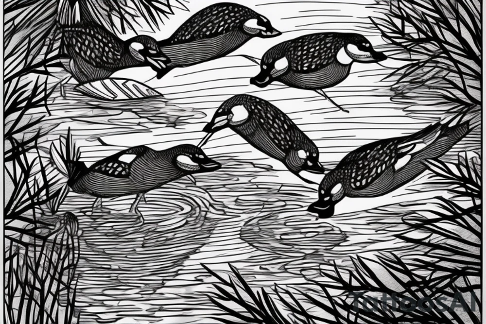 Wood ducks swimming in pond infront of a cabin with pine trees behind cabin tattoo idea