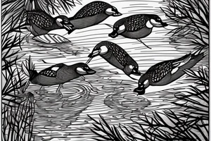 Wood ducks swimming in pond infront of a cabin with pine trees behind cabin tattoo idea