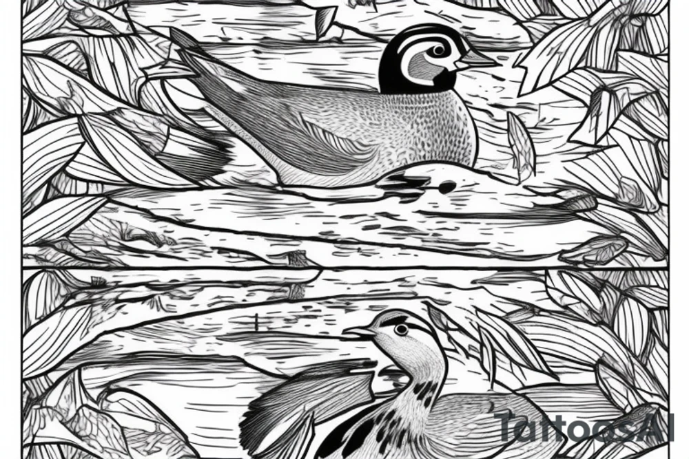 Wood ducks swimming in pond infront of a cabin with pine trees behind cabin tattoo idea