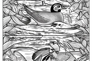 Wood ducks swimming in pond infront of a cabin with pine trees behind cabin tattoo idea