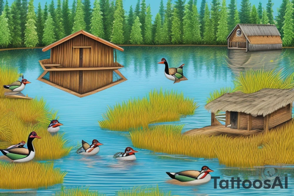 Wood ducks swimming in pond infront of a cabin with pine trees behind cabin tattoo idea