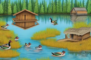 Wood ducks swimming in pond infront of a cabin with pine trees behind cabin tattoo idea