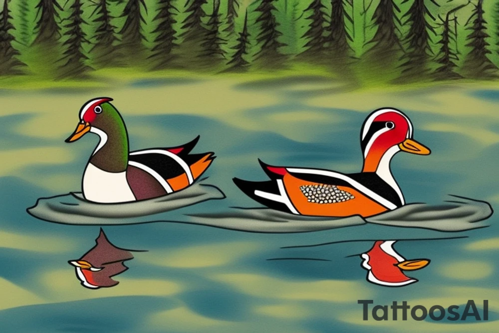 Wood ducks swimming in pond infront of a cabin with pine trees behind cabin tattoo idea