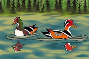 Wood ducks swimming in pond infront of a cabin with pine trees behind cabin tattoo idea