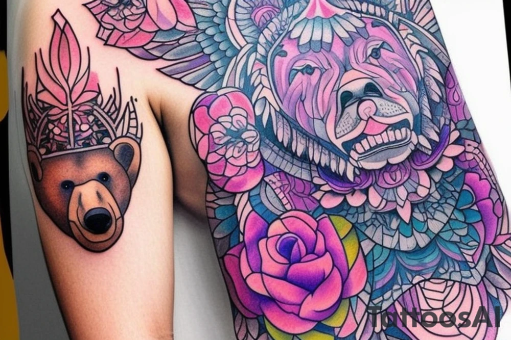 design a full sleeve with a bear king. Include colors pink and purple. tattoo idea
