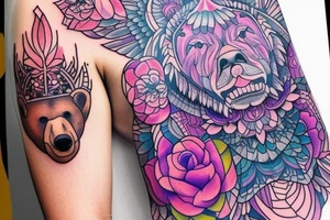 design a full sleeve with a bear king. Include colors pink and purple. tattoo idea