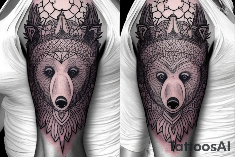 design a full sleeve with a bear king. Include colors pink and purple. tattoo idea
