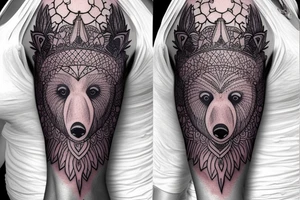design a full sleeve with a bear king. Include colors pink and purple. tattoo idea