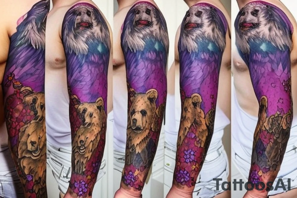 design a full sleeve with a bear king. Include colors pink and purple. tattoo idea