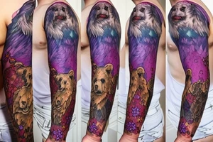 design a full sleeve with a bear king. Include colors pink and purple. tattoo idea