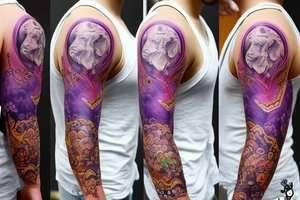 design a full sleeve with a bear king. Include colors pink and purple. tattoo idea