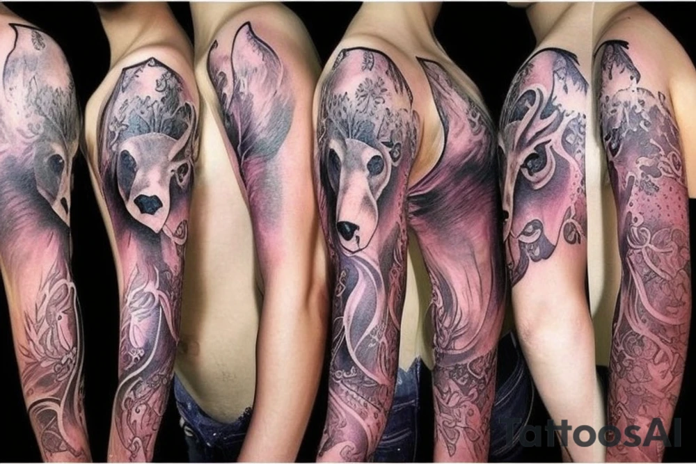 design a full sleeve with a bear king. Include colors pink and purple. Include details of Capricorn astrology. tattoo idea
