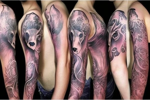 design a full sleeve with a bear king. Include colors pink and purple. Include details of Capricorn astrology. tattoo idea