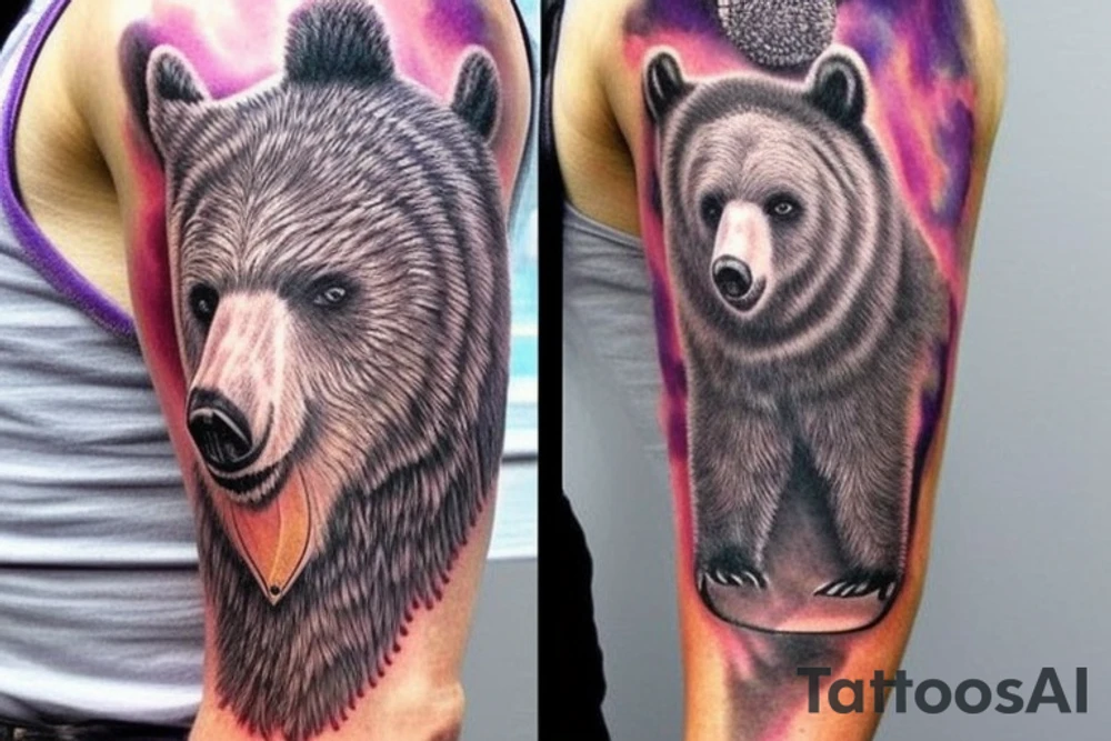 design a full sleeve with a bear king. Include colors pink and purple. Include details of Capricorn astrology. tattoo idea