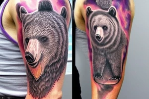design a full sleeve with a bear king. Include colors pink and purple. Include details of Capricorn astrology. tattoo idea