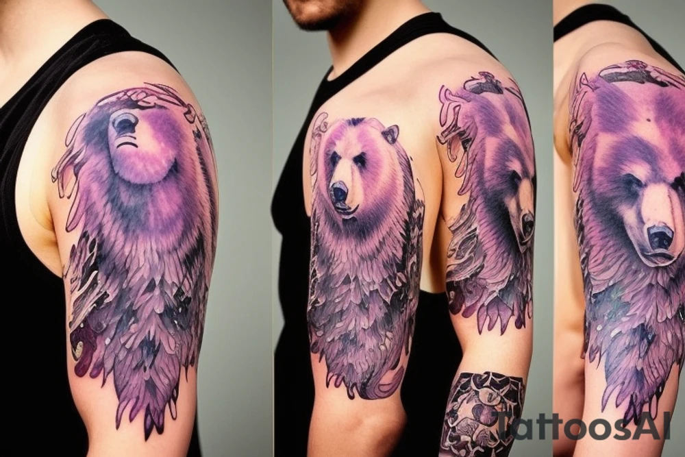 design a full sleeve with a bear king. Include colors pink and purple. Include details of Capricorn astrology. tattoo idea